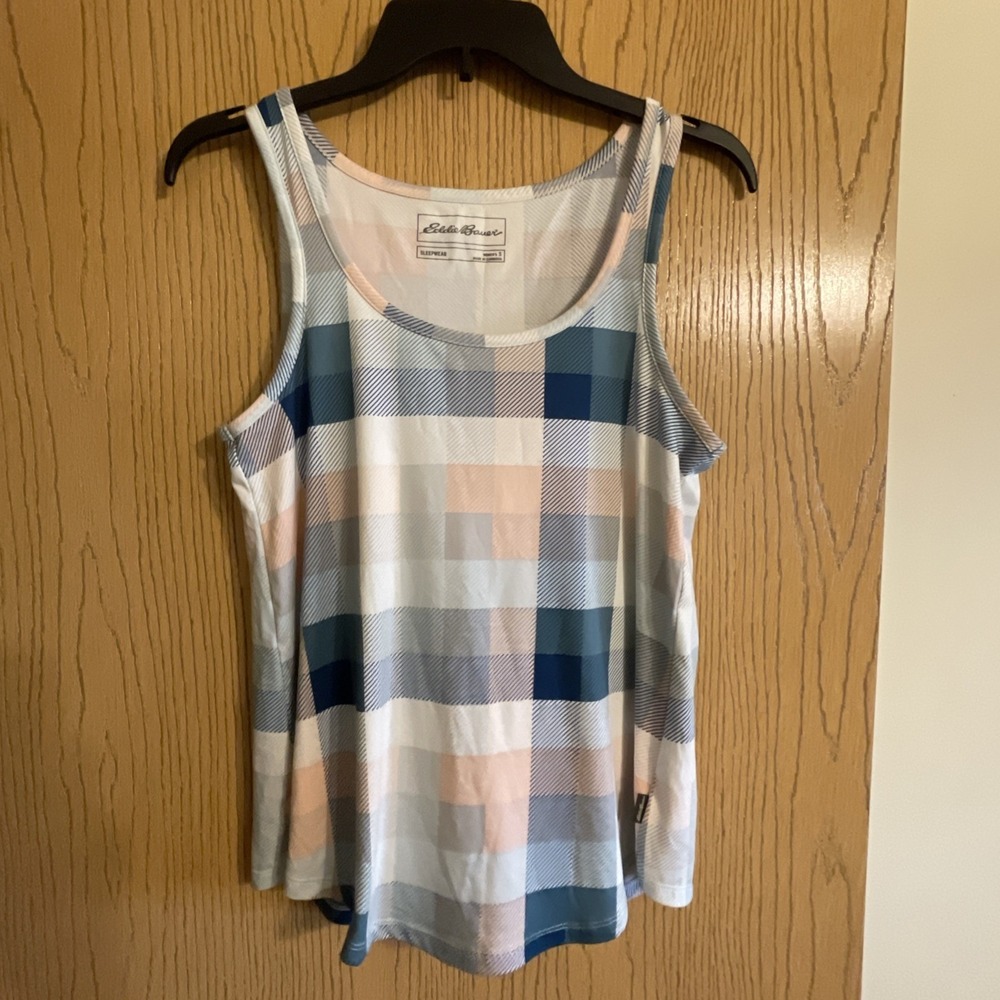 Eddie Bauer Sleepwear Tank top Size Small Plaid White/ Peach / Teal